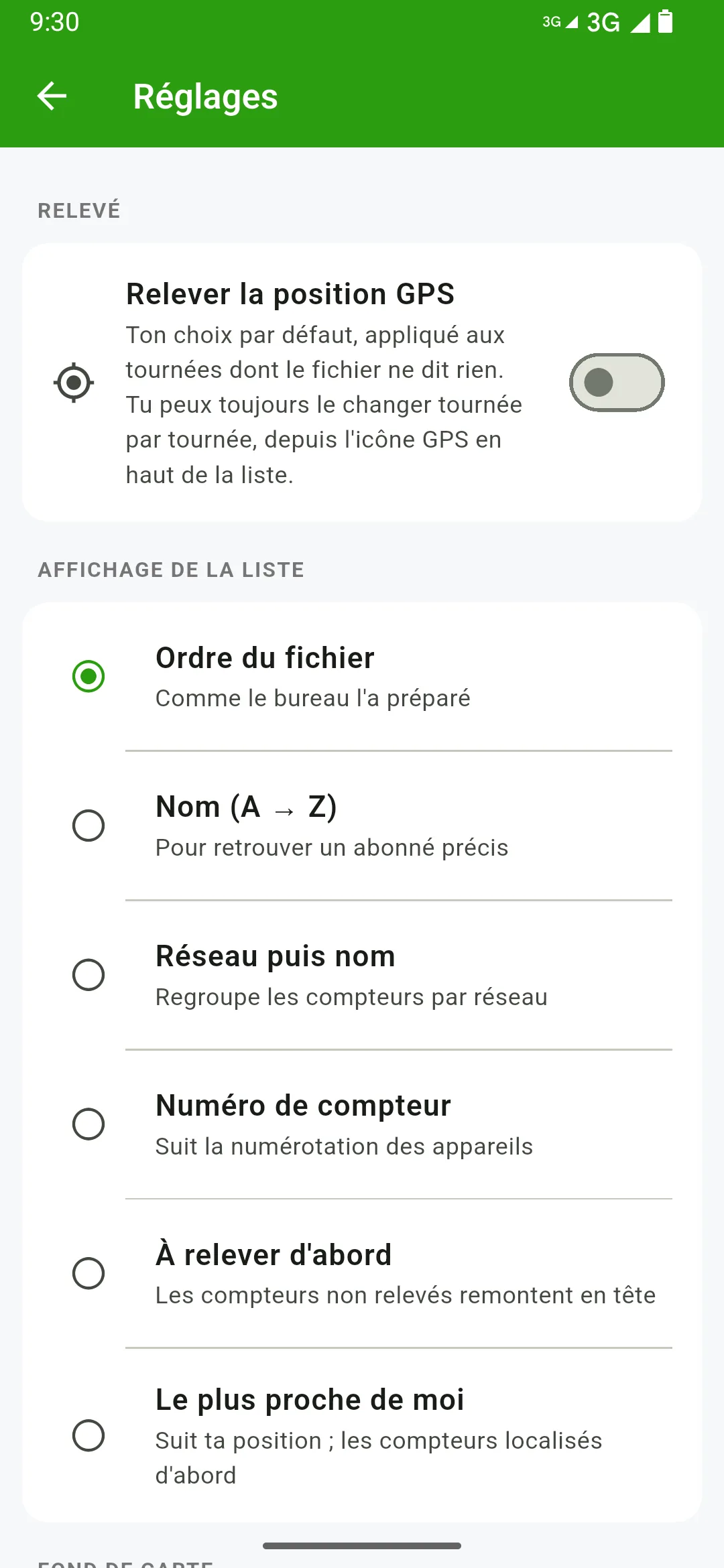 Réglages : GPS, ordre de la liste, fond de carte.