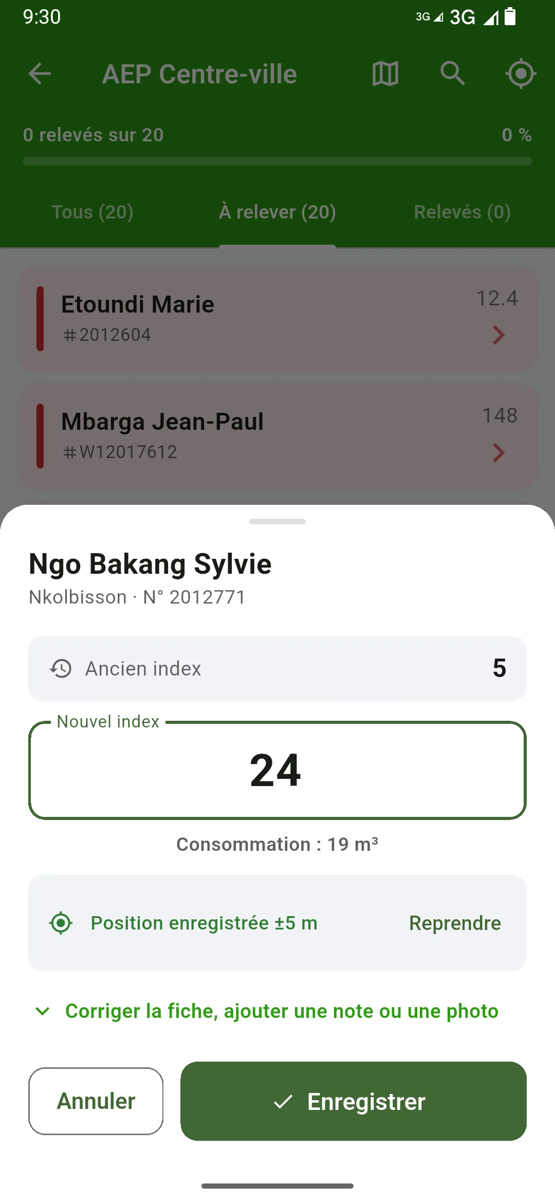 Saisie d'un relevé dans l'application mobile Ondéa Collect.
